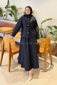 Lamelif Bağlamalı Denim Takım Koyu Mavi