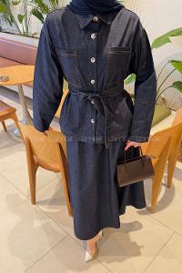 Lamelif Bağlamalı Denim Takım Koyu Mavi