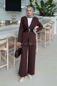 Lamelif Ceket-Pantolon Kemerli Takım Acı Kahve
