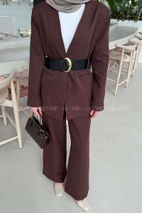 Lamelif Ceket-Pantolon Kemerli Takım Acı Kahve