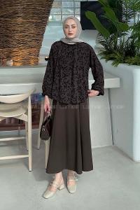 Lamelif Çiçek Baskılı Bluz Acı Kahve