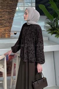 Lamelif Çiçek Baskılı Bluz Acı Kahve