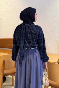 Lamelif Çiçek Baskılı Bluz Lacivert