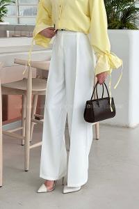 Lamelif Çift Kemer Detaylı Pantolon Beyaz