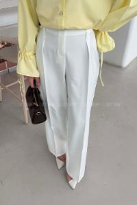 Lamelif Çift Kemer Detaylı Pantolon Beyaz