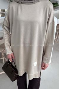 Lamelif İki iplikli Arma Detaylı Sweat Tunik Vizonrengi