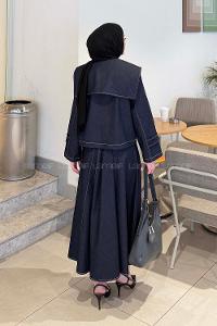 Lamelif Pelerinli Denim Takım Koyu Mavi