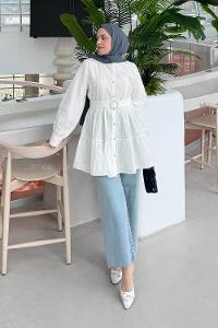 Lamelif Taşlı Düğme Detaylı Gömlek Beyaz