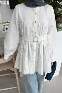 Lamelif Taşlı Düğme Detaylı Gömlek Beyaz