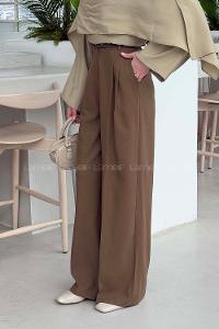 Lamelif Yüksek Bel Palazzo Pantolon Sütlü Kahve