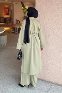 Lamelif Omuz Büzgülü Tesettür Takım Asker Yeşili