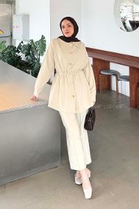 Lamelif Beli Lastikli Takım Krem