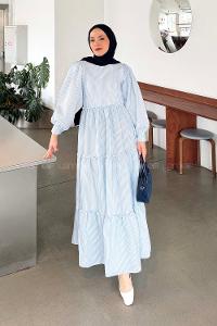 Baby Blue Crew Neck Polyester Unprinted Dresess