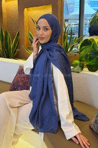 Lamelif  Bloom Desen Ayrobin Floş Jakar  Şal İndigo