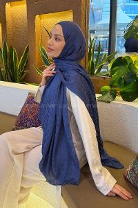 Lamelif  Bloom Desen Ayrobin Floş Jakar  Şal İndigo