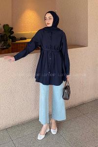 Navy Blue Shirt Collar Long Arm Poplin Fabric Shirt