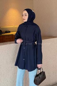 Navy Blue Shirt Collar Long Arm Poplin Fabric Shirt