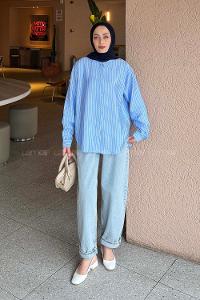 Lamelif Çizgili Modal Gömlek Mavi