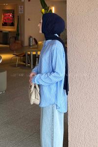 Lamelif Çizgili Modal Gömlek Mavi