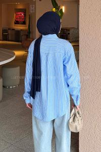 Lamelif Çizgili Modal Gömlek Mavi