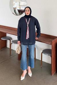 Lamelif Fular Bağlamalı Gömlek Lacivert