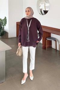 Lamelif Fular Bağlamalı Gömlek Mürdüm