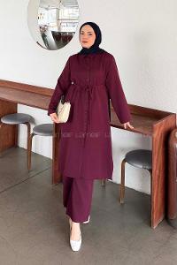 Lamelif Omuz Büzgülü Tesettür Takım Bordo