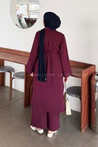 Lamelif Omuz Büzgülü Tesettür Takım Bordo