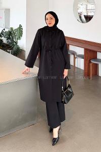 Lamelif Omuz Büzgülü Tesettür Takım Siyah