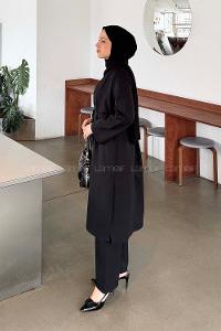 Lamelif Omuz Büzgülü Tesettür Takım Siyah