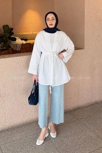 Lamelif Örgü Bağlamalı Kimono Ceket Beyaz