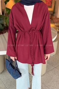 Lamelif Örgü Bağlamalı Kimono Ceket Bordo