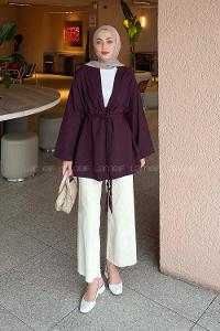 Lamelif Örgü Bağlamalı Kimono Ceket Mürdüm
