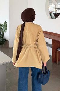 Lamelif Piliseli Geniş Kol Gömlek Bej