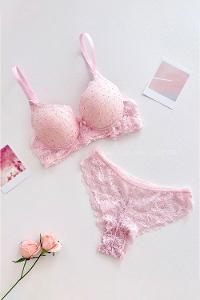 Lamelif Taşlı Dantelli Destekli Sütyen Takım Toz Pembe Renk