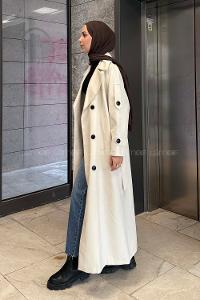 Cream Long Arm Belted Cotton Trench Coat