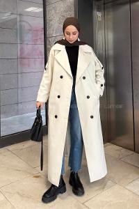 Cream Long Arm Belted Cotton Trench Coat