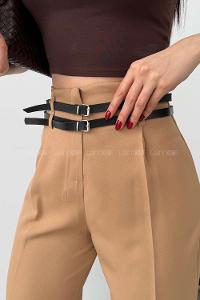 Lamelif Çift Kemer Detaylı Pantolon Camel