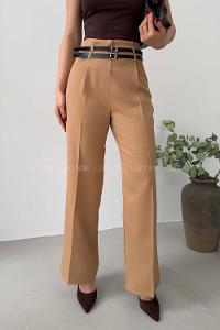 Lamelif Çift Kemer Detaylı Pantolon Camel