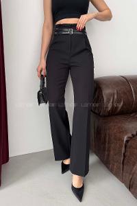 Lamelif Çift Kemer Detaylı Pantolon Siyah