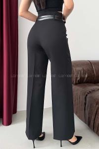 Lamelif Çift Kemer Detaylı Pantolon Siyah