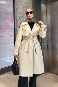 Lamelif Klasik Kuşaklı Trenç Taş