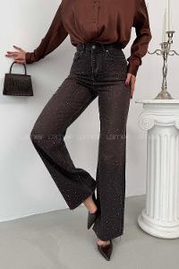 Lamelif Palazzo Taş Detaylı Jean Kahverengi