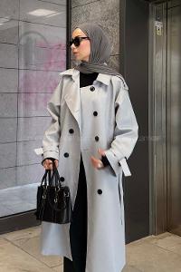 Lamelif Reglan Kol Düğmeli Trenç Gri