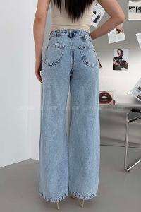 Lamelif Yüksek Bel Kemerli Wide Leg Jean Buz Mavisi