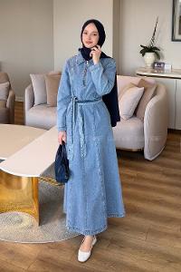 Ice Blue Shirt Collar Denim Dresess