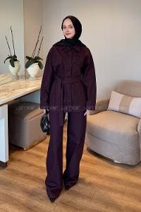 Lamelif Bağlama Detaylı Kot Takım Mürdüm