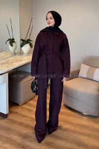 Lamelif Bağlama Detaylı Kot Takım Mürdüm