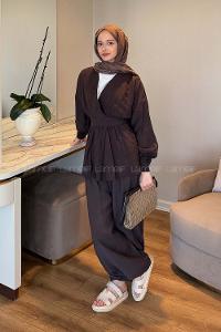 Bitter Brown V Neck Long Arm Modal Elastic Trousers Comfortable Suit