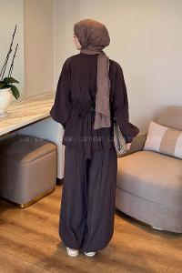 Bitter Brown V Neck Long Arm Modal Elastic Trousers Comfortable Suit
